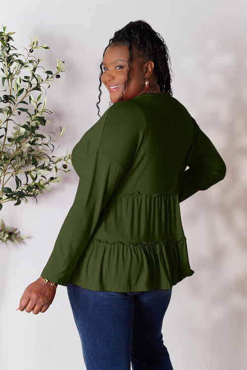 Double Take - Half Button Long Sleeve Ruffle Hem Blouse - Multiple Color Options - Size: S-3XL