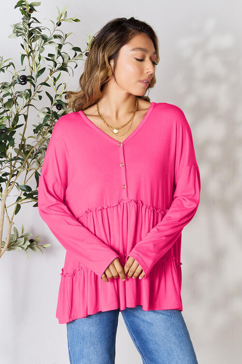 Double Take - Half Button Long Sleeve Ruffle Hem Blouse - Multiple Color Options - Size: S-3XL