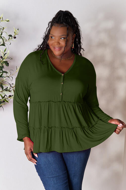 Double Take - Half Button Long Sleeve Ruffle Hem Blouse - Multiple Color Options - Size: S-3XL