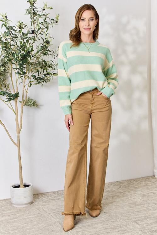 Sew In Love - Contrast Striped Round Neck Sweater - Size M-3XL