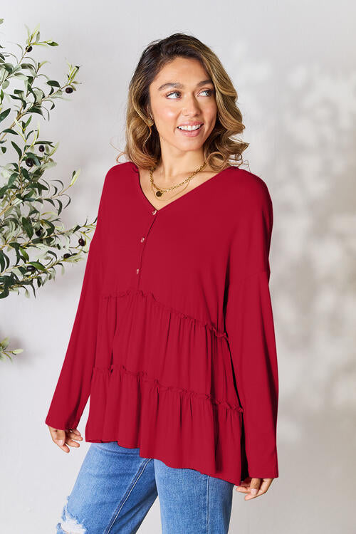 Double Take - Half Button Long Sleeve Ruffle Hem Blouse - Multiple Color Options - Size: S-3XL