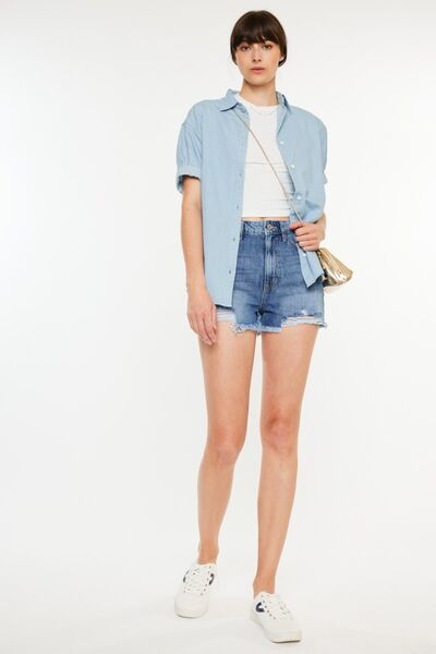 Kancan - Distressed Raw Hem High Waist Denim Shorts