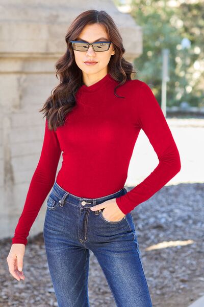 Basic Bae - Mock Neck Long Sleeve Bodysuit - Multiple Color Options - Size:S-3XL