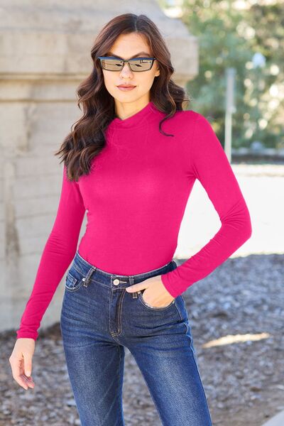 Basic Bae - Mock Neck Long Sleeve Bodysuit - Multiple Color Options - Size:S-3XL