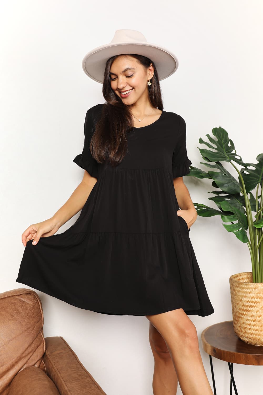 Double Take - V-Neck Flounce Sleeve Tiered Dress