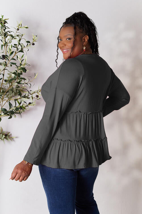 Double Take - Half Button Long Sleeve Ruffle Hem Blouse - Multiple Color Options - Size: S-3XL