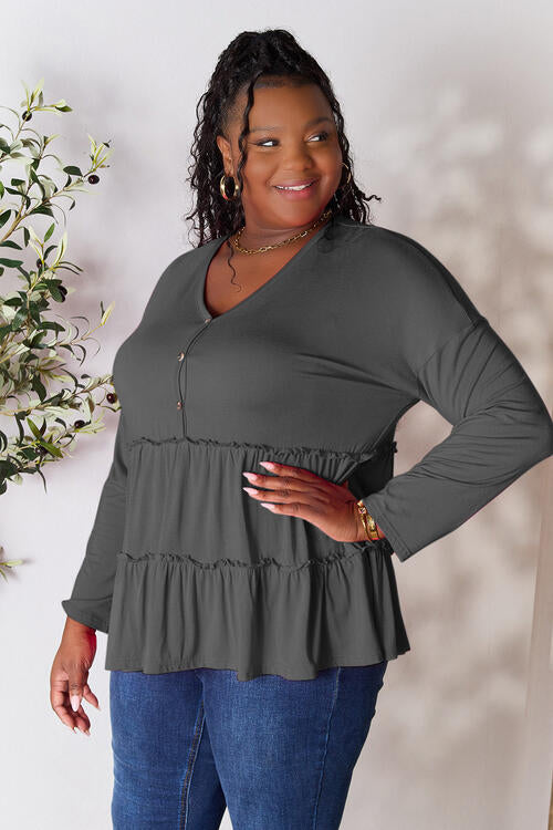 Double Take - Half Button Long Sleeve Ruffle Hem Blouse - Multiple Color Options - Size: S-3XL