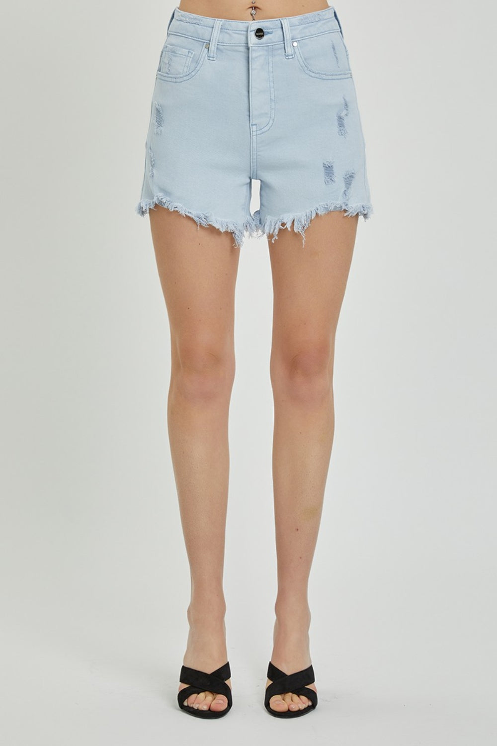 RISEN - High Rise Distressed Detail Denim Shorts - Size: S-3XL