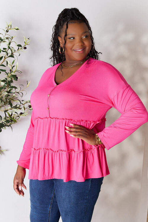 Double Take - Half Button Long Sleeve Ruffle Hem Blouse - Multiple Color Options - Size: S-3XL