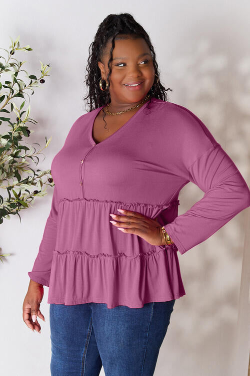 Double Take - Half Button Long Sleeve Ruffle Hem Blouse - Multiple Color Options - Size: S-3XL